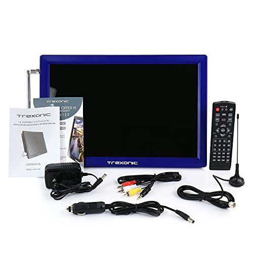 Image of Trexonic Portable Rechargeable 14 Inch LED TV with HDMI, SD /MMC, USB, VGA, AV in /Out and Built-in Digital Tuner, Blue