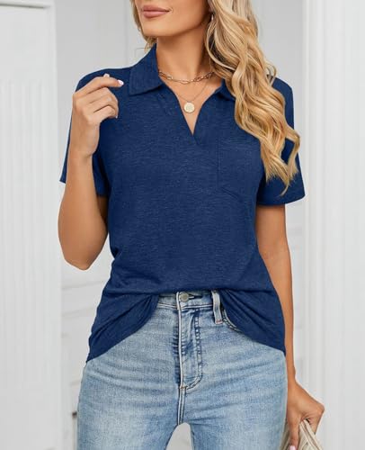 Vidifid Camisa polo feminina manga curta gola V bolsos blusa verão golfe tênis túnica tops para negó