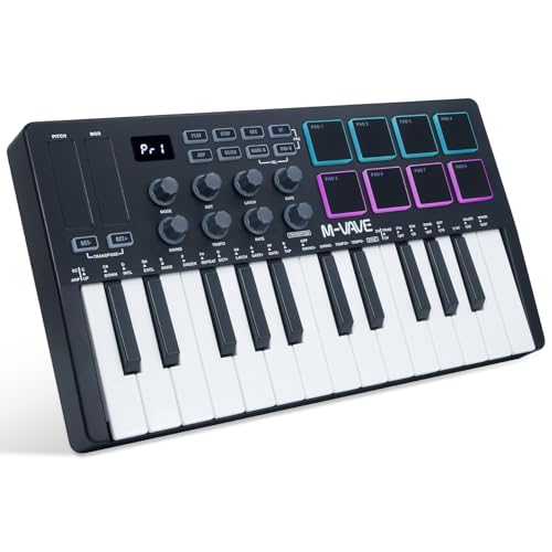 M-VAVE 25 touches 8 pads de batterie rétroéclairés Clavier MIDI - Beat maker professionnel et Keytar pour la production musicale au clavier Batterie intégrée Wireless Connect, Noir, MIDI 8 PADS, Noir