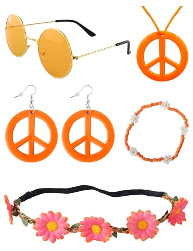 Moiuguli 5 Pezzi Accessori per Costumi Donna Hippie Set, Accessori Anni 70 Fascia per Capelli Braccialetto di Perline Occhiali Hippie Collana e Orecchini della Pace per Outfit Anni 72 Carnevale (C)