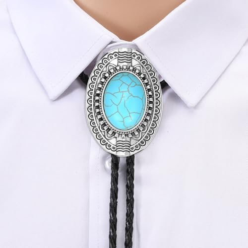 Image of AZORA Western Cowboy Bolo Tie Men Leather Necktie Leather Cord Turquoise Stone Bolo Ties for Men Women