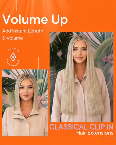 Image of Full Shine Clip in Hair Extensions Real Human Hair Ash Blonde Highlights | Natural Hair Clip in Extensions, Double Weft, Soft Straight, Remy Brazilian Hair, 7 Pcs 20 Inch 120g