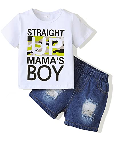 Baby Boy Clothes Outfit 1 Year Old Boy Clothes Short Sleeve Shirt Ripped Denim Shorts Set Toddler Boy Summer Outfits White 12-18 Month Boy Clothes