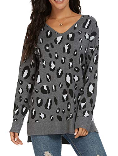 Grecerelle Women's V-Neck Long Sleeve Side Split Loose Casual Knit Pullover Sweater Blouse Fp Leopard Dark Gray-Medium #TOP1