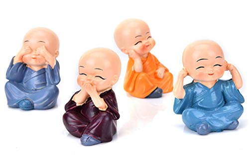 TIED RIBBONS Monk Figurine Set of 4 Buddha Monk Statues Miniature Figurines Showpiece for Car Dashboard Wall Shelf Table Desktop Office Décor - Diwali Decorations for Home and Diwali Gifts Cover