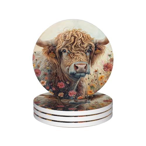 Drinks Coasters Set of 4, Highland Cow Wildflowers Round 4" Cup Coasters, Absorbent Ceramic Stone Coasters with Cork Base, Cute Coasters for Table Home Décor, Ideal Gifts for Women Men