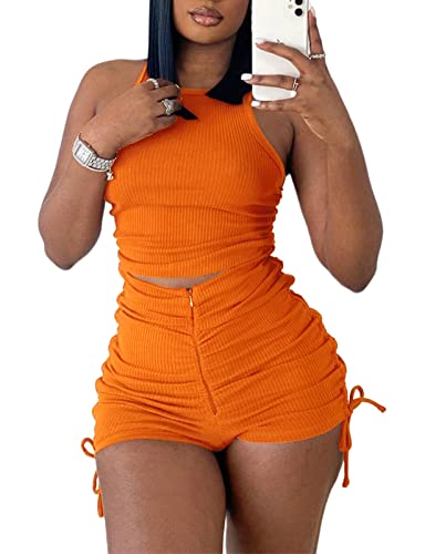Privimix Workout Sets For Women 2 Piece Outfits Summer Ribbed Tank Crop Top Drawstring Ruched Shorts Tracksuits Sets #TOP4