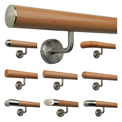 TIBU Pasamanos de haya mango de madera para escalera soporte de acero inoxidable longitud 30 500