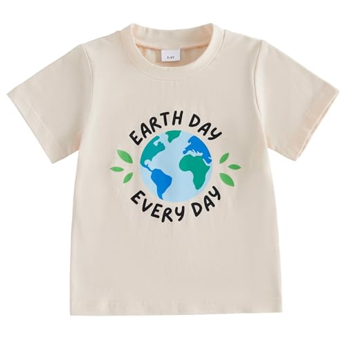 Kids Toddler Little Boys Girls Earth Day Shirt Short Sleeve Funny Letters Print Planet T-Shirt Top (Beige Earth Day Every Day, 3-4 Years)