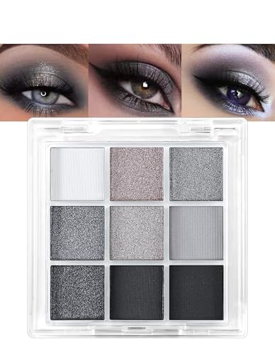 Erinde Paleta de sombras de ojos negro y plateado, 9 colores, mate y brillante, paleta de sombras de ojos, paleta de sombras de ojos ahumada, larga duración, resistente al agua, maquillaje de ojos