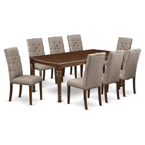 East West Furniture DOEL9-MAH-16 9 Piece Dining Room Set Includes a Rectangle Butterfly Leaf Kitchen Table and 8 Dark Khaki Linen Fabric Parsons Dining Chairs, 42x78 Inch, Mahogany