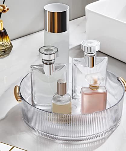 Lazy Susan Turntable Organizer,9inch Clear Rotating Bathroom Vanity Tray for Counter,Makeup Perfume Organizer for Skincare Storage,Perfume Tray with Handle & Atomizer,Condiment Organizer for Cabinet