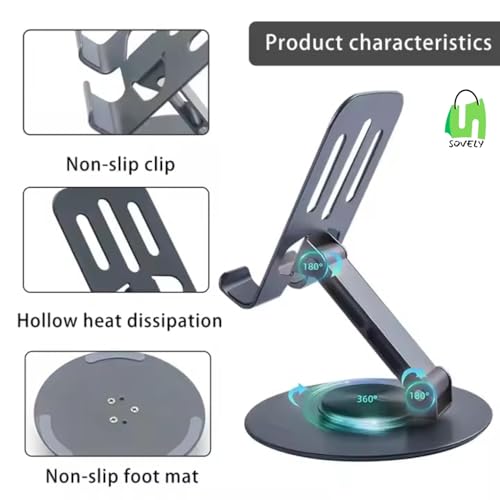 Image of SOVELY Adjustable Phone Stand - 360 Rotatable Metal Mobile Holder, Foldable Tablet Stand for Desk, Multiple Height & Angle Adjustments, Universal Compatibility for Smartphones and Tab, 1 Pc