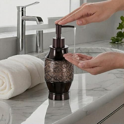 Image of Creative Scents Dublin Brown Bathroom Soap Dispenser Set of 2 - Decorative Resin 8 Oz. Hand Soap and Lotion Dispenser Bottles with Durable Matching Pumps - Bathroom Countertop Accessories Decor