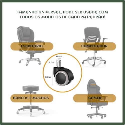 Rodízio Kit 5 Rodinhas Cadeira Escritório Silicone Antirisco