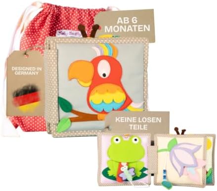 Jolly Designs Mini Quiet Book Schillernder Papagei – Montessori Spielzeug ab 6 Monaten – Fühlbuch & Busy Book ohne lose Teile – Stoffbuch & Motorikspielzeug aus Filz – Lernspielzeu