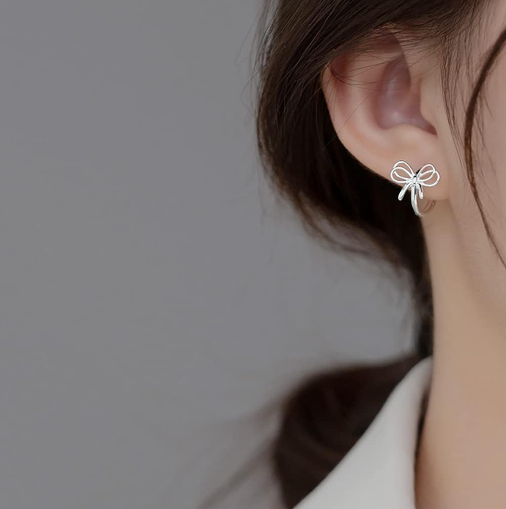 Reffeer Solid 925 Sterling Silver Bow Hoop Earrings Ribbon for Women Girls Bowknot Hoop Earrings Huggie - Image 4