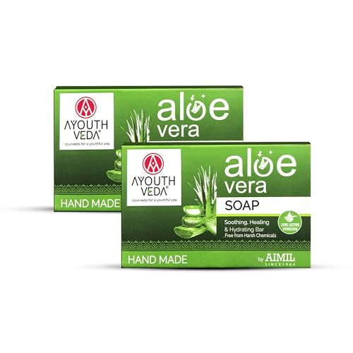 Image of Ayouthveda Aloe vera Soap with Aloe Extracts & Menthol for Gentle Cleansing, Hydration & Skin Comfort | Helps Soothe Irritation, Improve Texture & Maintain Moisture Balance | Refreshing, Non-Drying & Daily Use Bathing Bar | Suitable for Face & Body | 100g (Pack of 2)