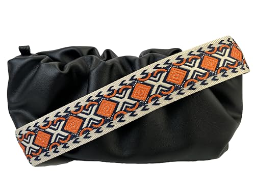 Image of Ivory Orange Boho Diamond Purse Strap with Silver Hardware 2 Inch Wide Replacement Crossbody Guitar Style Shoulder Strap for Handbags Totes