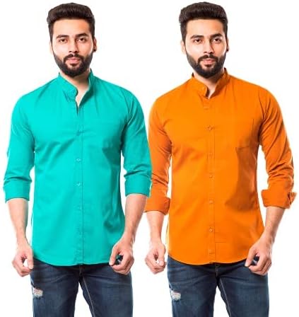 MOUDLINCotton Casual Slimfit Fullsleeve Mandarin Collar Shirt Pack of 2 for Men