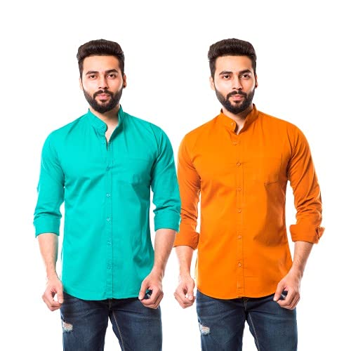 MOUDLINCotton Casual Slimfit Fullsleeve Mandarin Collar Shirt Pack of 2 for Men