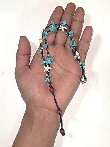 Anklet Stone Handmade Braided Rope Ankle Natural Stone Turtle Starfish Dolphin For Women Girls (Turquoise Stone Turtle Starfish) #TOP3