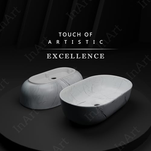 Image of InArt Table Top Wash Basin For Bathroom | Over Counter Top Wash Basin For Living Room | Washbasin Countertop | Tabletop Ceramic Bathroom Kitchen Sink (55 x 35 x 14 CM) (White - Marble Design)
