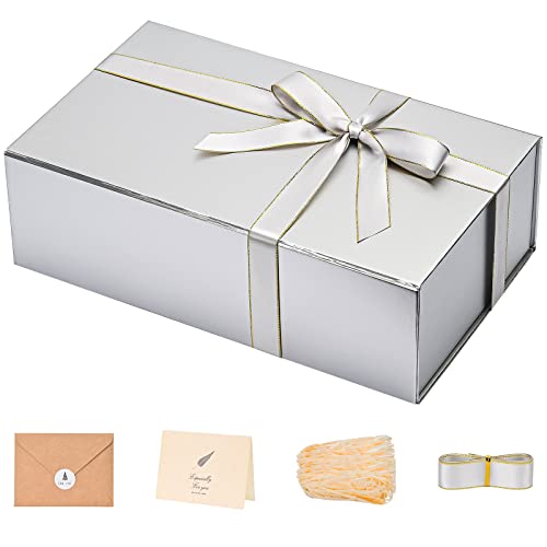 Image of LIFELUM Gift Boxes with Lids, 1 Pack 13.8 x 8.3 x 4.4 inch Silver Gift Boxes with Ribbon, Card, Shredded Paper Filler for Presents, Graduation, Christmas, Birthdays