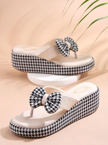 Image of Shoetopia Women's Wedge Flip Flops with Bow - Stylish Platform Sandals, Comfortable Casual Slip-On Slippers for Summer Beach & Daily Footwear