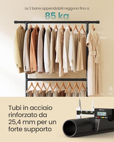 SONGMICS Stand Appendiabiti, Appendiabiti Doppio con Ruote, Barra Centrale Regolabile in Altezza, Attaccapanni con Ripiano, Massima Portata di 110 kg, Nero Classico HSR62BK - Immagine 3