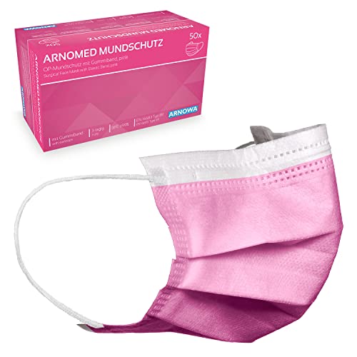 ARNOMED Masques médicaux roses 50x, masques roses type IIR, masques médicaux conformes à la norme EN 14683, 4 couches certifiés CE, protège-masques jetables