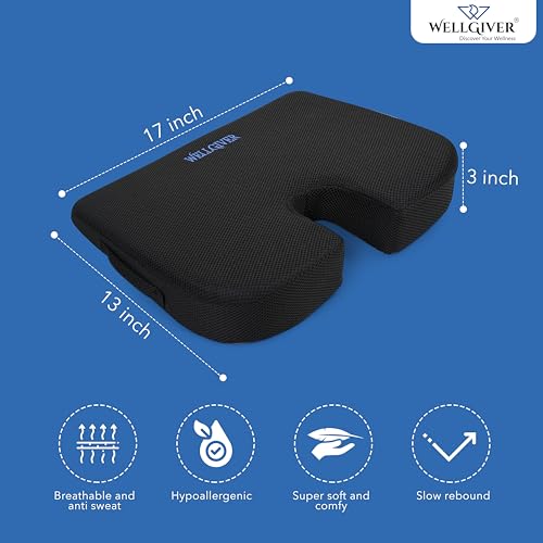 Image of WELLGIVER Memory Foam Car Seat Cushion for Driving - Orthopedic Seat Cushion for Car & Office Chair, Tailbone & Sciatica Pain Relief, Ergonomic Coccyx Support Pillow with Breathable Cover