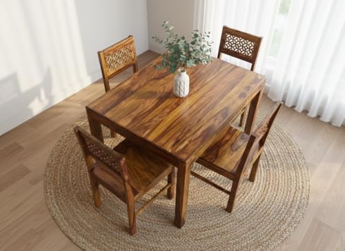 Image of RECTART Solid Wood Dining Table Set with Chairs for Living Room Home | Wooden Dining Room Sets Furniture for Hotels and Restaurants | (CNC-Top-N, 4 Seater)