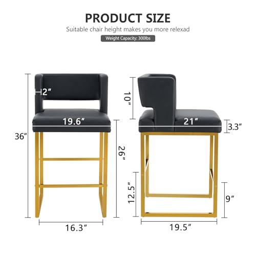 Image of 26 inch H Bar Stools Set of 4 with Back, Faux Leather Counter Height Stools with Footrest, Square Metal Frame, Modern Upholstered Bar Chairs for Kitchen Island /Dining Room, Black & Gold Legs