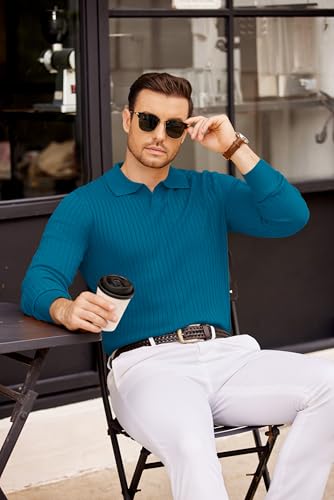 COOFANDY Men Long Sleeve Polos with Collar Knitted Casual Dress Polos Sweater Fitted Polo Pullover Sweater Blue - Image 2
