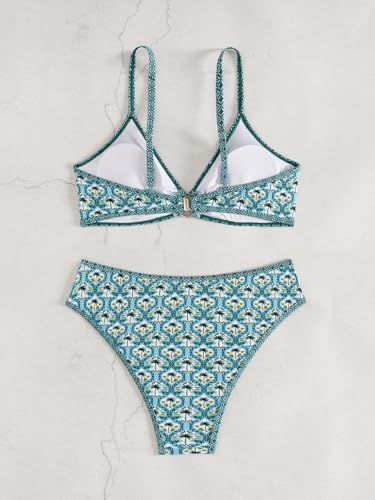 Image of Fanuerg Women's Triangle Bikini Sets O Ring Linked Two Piece Swimsuits Floral Printed Cheeky Bathing Suit