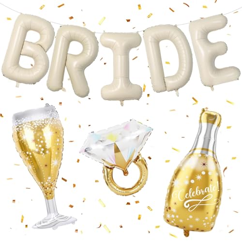 Image of 40inch Bride Balloons Beige Letters Banner, Sand White Bachelorette Party Decorations Set with Diamond Ring Champagne Bottle Balloon Glass Foil Balloon for Nude White Bachelorette Engagement Wedding