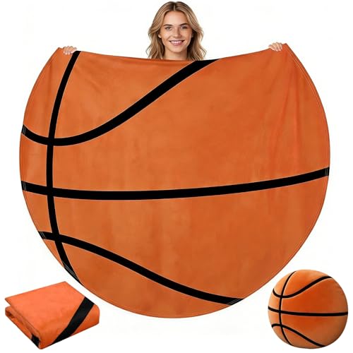 60 Round Sports Throw Blanket Soft Flannel with Storage Cover As a Throw Pillow Cushions Baseball Tennis Soccer Basketball Novelty Blanket for Sports Fan Birthday Senior Night Gift (Basketball)