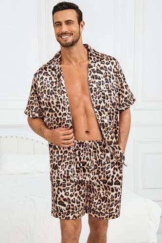SWOMOG Satin Silk Pajamas Sets for Men short sleeve 2 Piece Button Down Sleepwear mens loungewear sets with pockets3