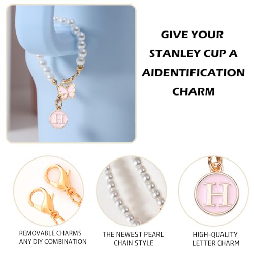 Image of Accessories for Stanley Cup Pearl Chain Initial Accessoriess for Handle Stuff Decor Water Bottle Jewelry Tumbler Cute Simple Modern Personalized Name ID Decorations Letter Pink Tag H