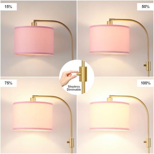 Image of Nintiue Dimmable Floor Lamp, 1200 Lumens LED Edison Bulb Included, Arc Gold Floor Lamps for Living Room Modern Standing Lamp with Pink Linen Shade