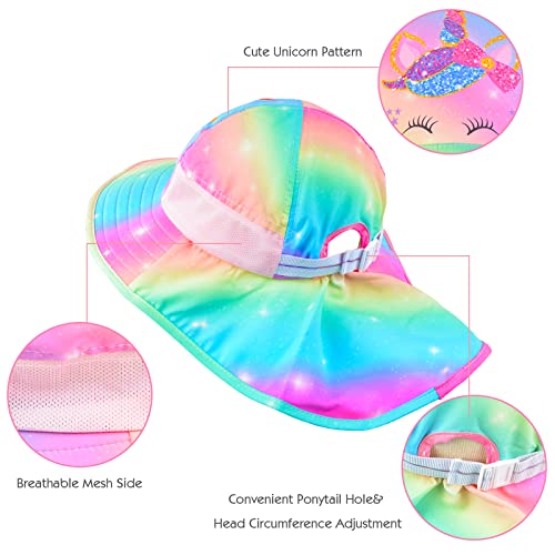 Girls Sun Hat For Kids Uv Protection Unicorn Summer Hat Beach Play Hats Wide Brim Neck Flap For Girls Ponytail Hat 2-9 Years #TOP3