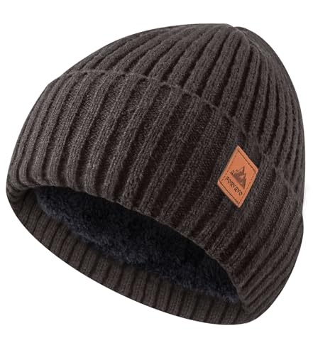 FORVEVO Beanie Hats for Men, Winter Hats with Thick Warm Fleece Lining, Thermal Knit Mens Beanie Hat for Winter Daily Life Outdoor Running Skiing, Brown