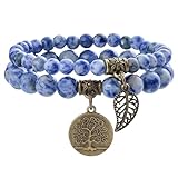 Farfume Bracelet En Pierre Naturelle - Bracelet Perles Naturelles Femme-Ensemble De Deux Bracelets Avec Accessoires Arbre De Vie Et Feuille(Moyen 18,5 cm)