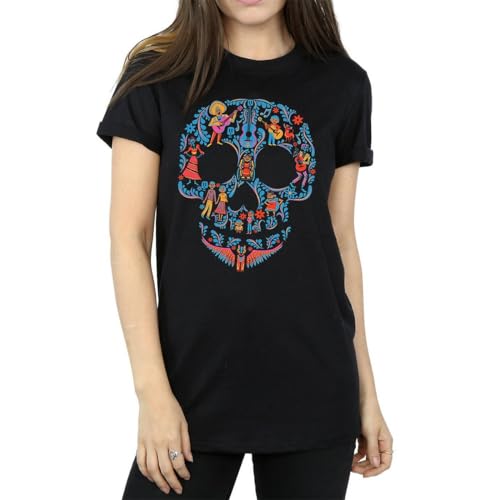 Disney Women's Coco Skull Pattern Boyfriend Fit T-Shirt Small Black