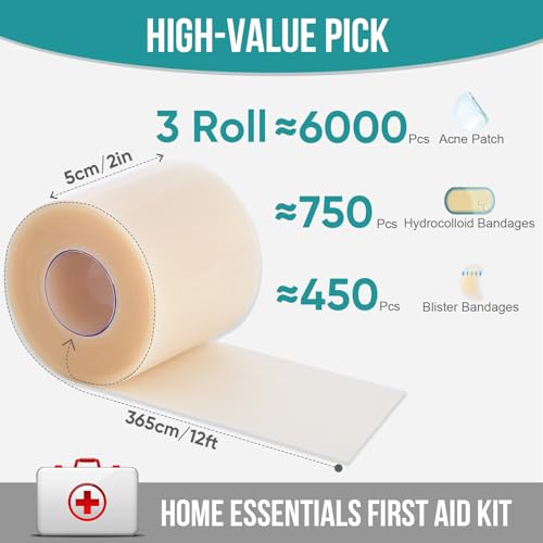 Image of 3Pcs Hydrocolloid Roll for Wound Care, Hydrocolloid Patch Bandages with Self-Adhesive, Bed Sore Bandages, Highly Absorbent for Burn, Blister, Acne Care, Waterproof (2in x 12ft x 3Roll)