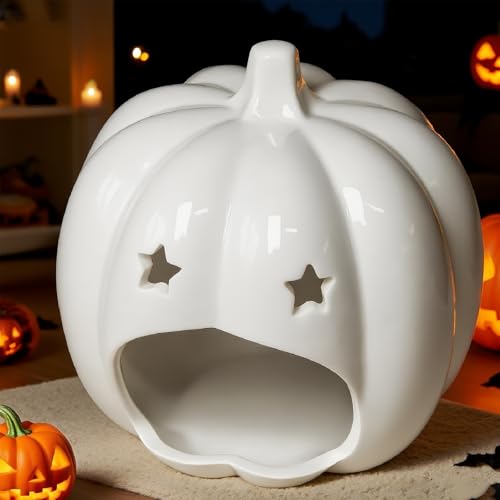 ハロウィーン パンプキン ローソク足ホルダー かわいいパンプキン型キャンドルスティックホルダー セラミックテーパーキャンドルホルダー ハロウィーン ウェディングパーティー ホリデー オフィス ホームデコレーション ギフト(ホワイト) [5]