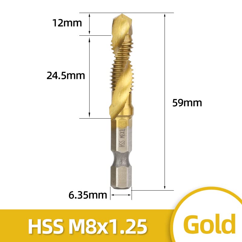 M3-M10 Screw Tap Drill Bits Hss Taps Countersink Deburr Set Metric Combination Bit High Speed Steel Compound Drill Bit(Gold M8x1.25)