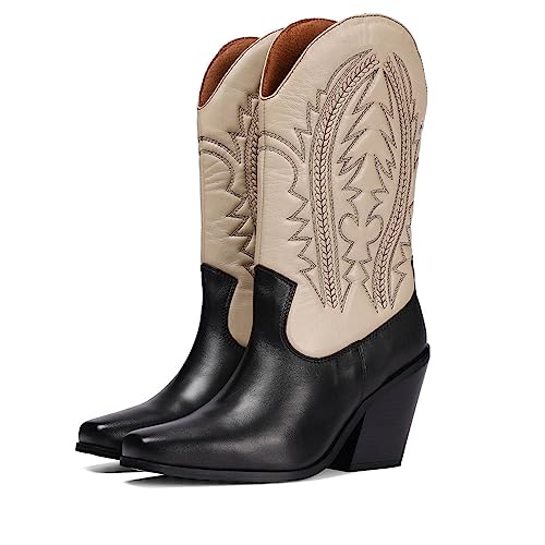 GIOSEPPO Bota Tipo Cowboy en Piel Negro y Off-White con Detalle de Bordado para Mujer herlev