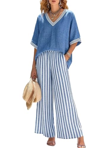 Leyoutx Women's Striped Pant Sets 2 Piece Outfits Short Sleeve V Neck Tops Wide Leg Palazzo Pants with Pockets (Large, Blue)